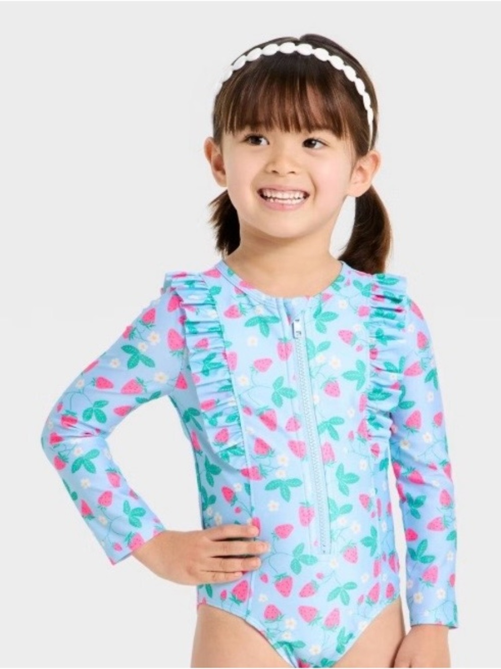 Buy 1 get 1 50% off  Blue Long-Sleeve Strawberry Print One-Piece Swimsuit